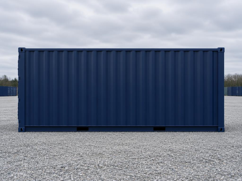 Navy 20-foot standard shipping container on a gravel yard