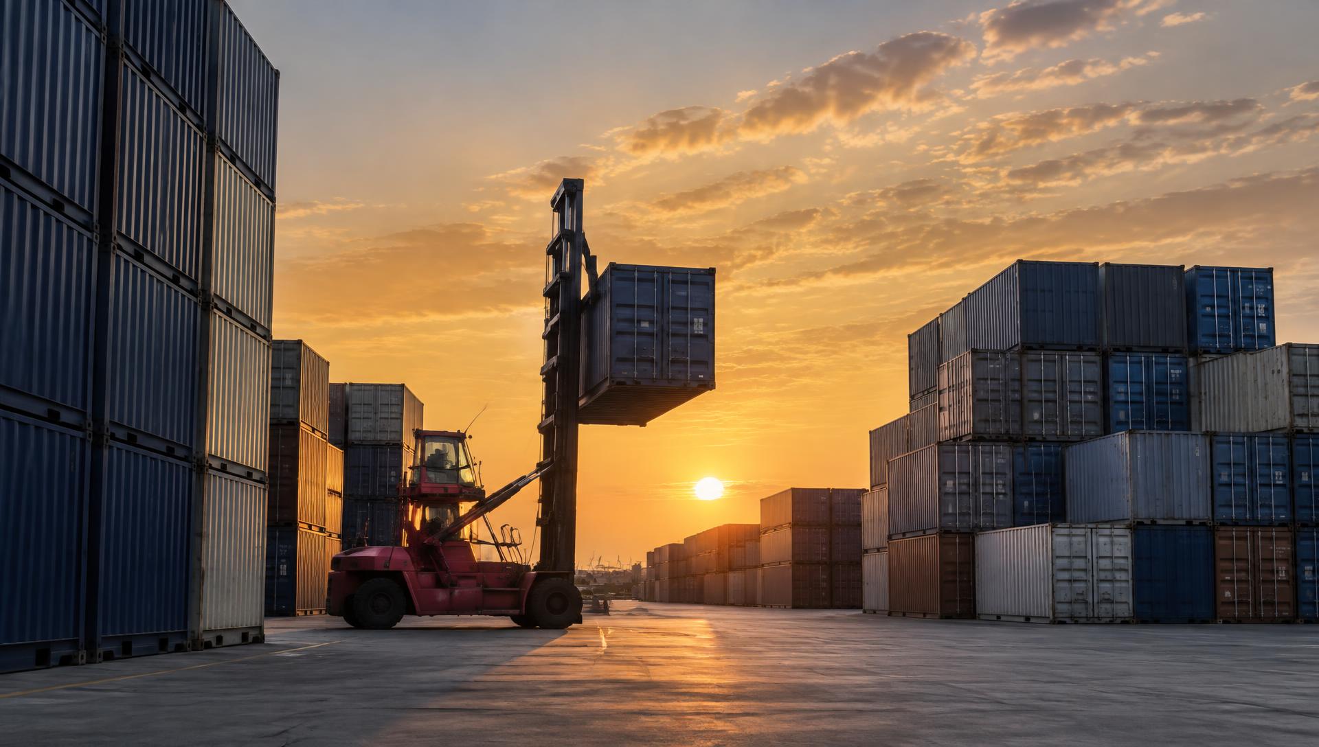 Stacked shipping containers at a container terminal at sunset with a container handler lifting a unit